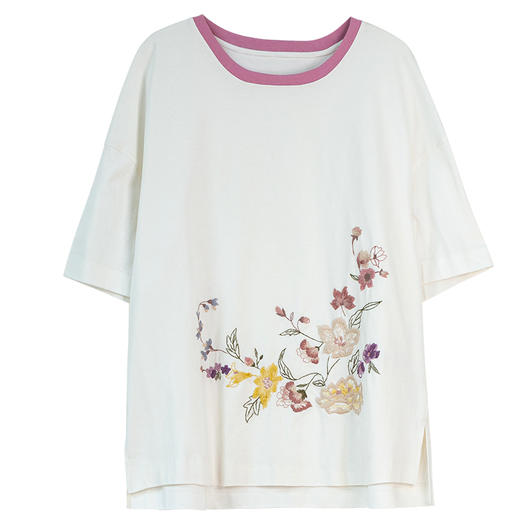 牧衣游原创 机绣纯棉T恤夏女舒适百搭简约休闲宽松圆领短袖 薄荷 商品图4