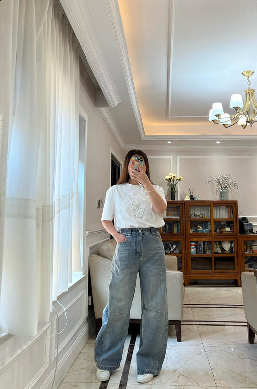 318-5 现货 lew渠道货 大幂幂 酵素水洗牛仔 略微挺阔弯刀阔腿裤 弯月镰刀牛仔裤 深色/浅色 商品图3