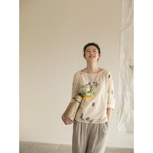 牧衣游原创 新疆棉印花套头衫轻薄国画七分袖圆领文艺上衣 清规 商品图3