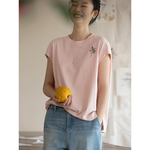 牧衣游原创 手钩花纯棉T恤夏季新品宽松文艺圆领无袖上衣 弦歌 商品图2