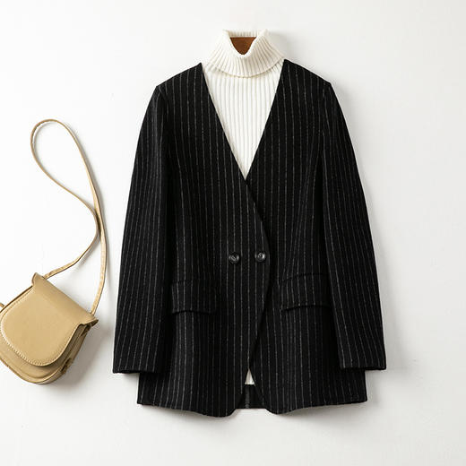 丁摩 短款毛呢外套女春季新款格子V领简约羊绒双面羊绒小个子大衣5ZF-960 商品图0