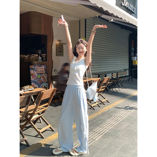 <曾小咸推荐>重工蕾丝拼接蝴蝶结蓝色休闲裤 商品图1