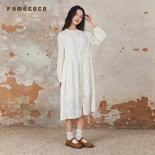 Famecoco原创纯棉刺绣印花长袖连衣裙花边领H型白月光FAB6FA020 商品图4