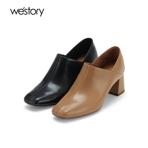 westory春秋新款方头粗跟真皮时尚简约通勤深口单鞋女W24CM74581 商品图0
