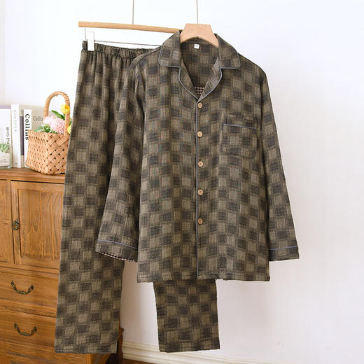 雀说 男士睡衣春秋款纯棉长袖格子家居服 商品图3
