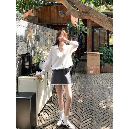 <曾小咸推荐>现货秒杀！最后一波 ！下摆蕾丝边灰色半身裙 日常119.99 立减60 秒杀59.99！假两件米白色衬衫秒杀79.99！！ 商品图4