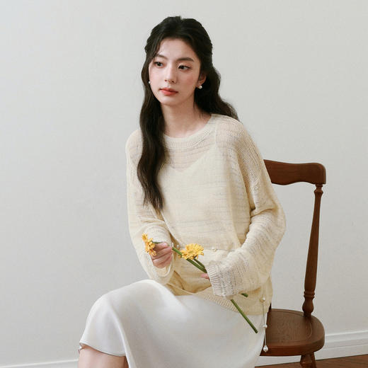 【严选】诗凡黎进口和纸纱镂空针织衫微透罩衫25夏新款套头轻薄慵懒风上衣7G3331421 商品图0