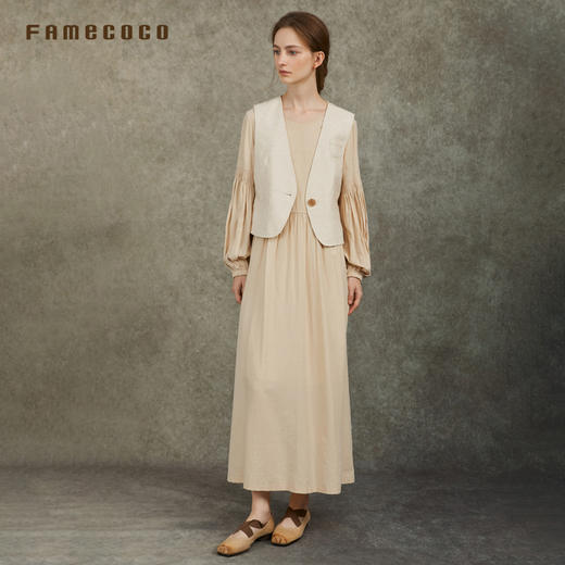 Famecoco文艺范儿深V领设计立体裁剪棉麻百搭马甲春FAC6CA012 商品图2