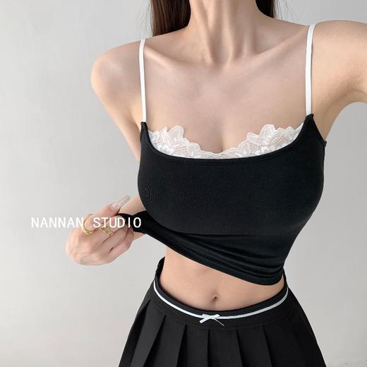 【甜辣芭蕾风❗蕾丝拼接背心】自带胸垫，亲肤透气面料，蕾丝纯欲夏季辣妹外穿短款打底上衣吊带QQ 商品图0