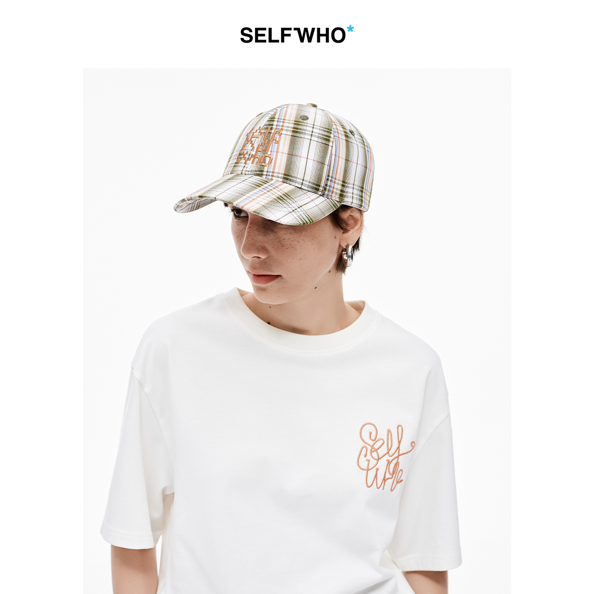 SELFWHO纯棉撞色格子刺绣棒球帽女2025夏新款户外休闲百搭鸭舌帽