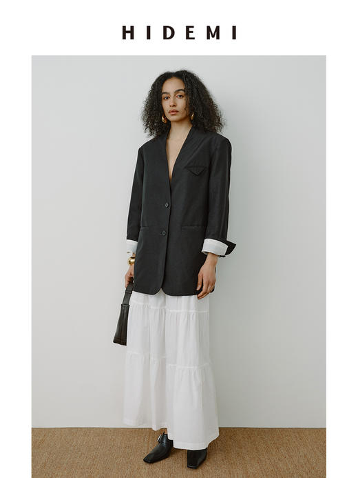 HIDEMI 极简设计感压褶拼接显瘦伞状牵牛花半身裙 格纹/自然白 商品图10