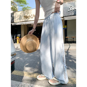 <曾小咸推荐>重工蕾丝拼接蝴蝶结蓝色休闲裤