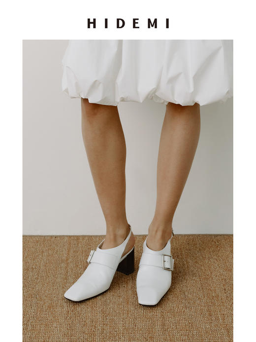 HIDEMI 【侯佩岑同款】进口牛皮金属扣搭襻设计感尖方头粗跟可调节扣高跟鞋单鞋 黑色/白色 商品图13