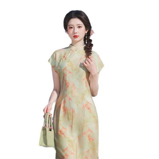 GX时尚改良新中式长款竹节棉连袖旗袍2025春新款气质淑女旗袍 商品图4