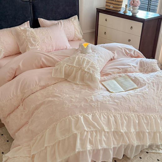 A类立体蝴蝶雪纺花边四件套  公主风蕾丝绣花套件 商品图1