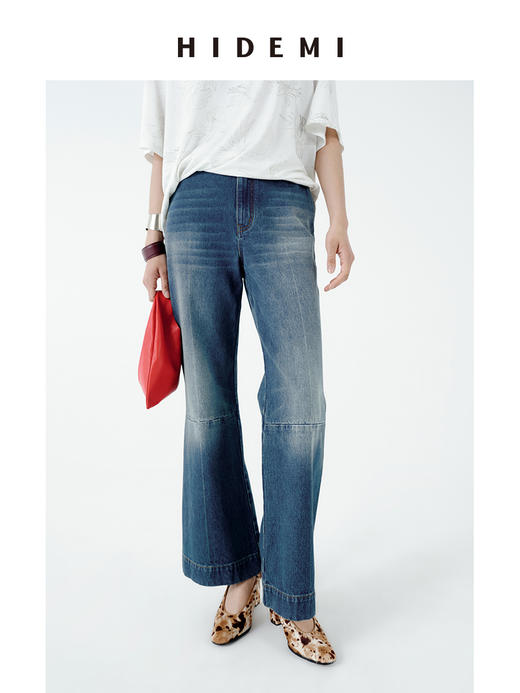HIDEMI都市单宁系列多重水洗猫须拼接做旧感超显瘦喇叭九分裤牛仔裤 商品图3