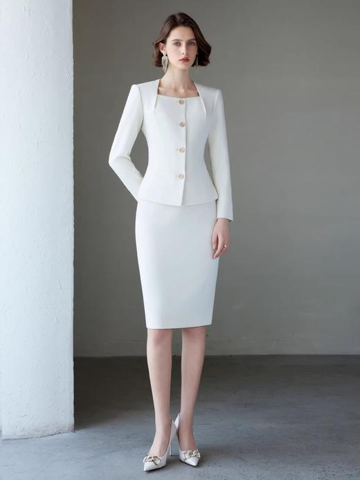 IWY/高端主持人时尚洋气职业套装御姐范长袖白色方领压褶外套商务礼服CS2083 商品图1