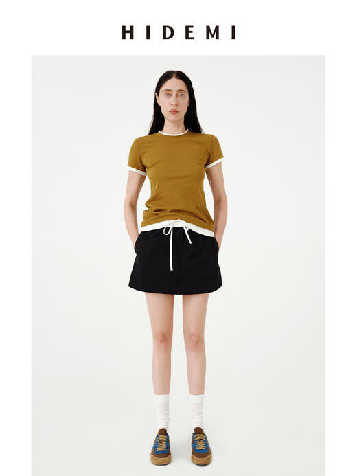 HIDEMI 极简设计感黑白撞色拼接抽绳松紧腰a字型显瘦休闲半身裙短裙 商品图3