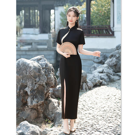 GX现代时尚改良新中式仿醋酸黑色长款短袖旗袍2025春夏新款日常旗袍 商品图0