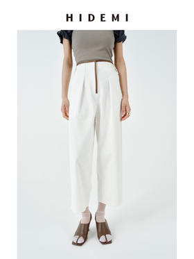 HIDEMI撞色极简设计感斜纹棉皮边拼接镶嵌工艺花苞式中高腰直筒裤