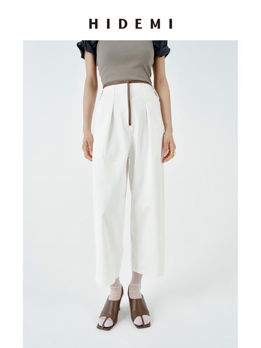 HIDEMI撞色极简设计感斜纹棉皮边拼接镶嵌工艺花苞式中高腰直筒裤 商品图0