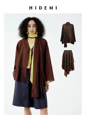 HIDEMI极简丝巾进口莱赛尔清透飘逸纽扣多穿式上衣半裙套装