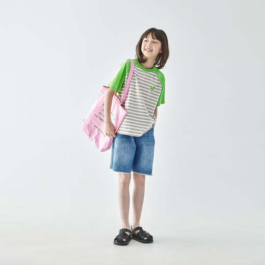 棵初25年夏季新款女童拼色条纹T恤儿童爱心字母印花圆领短袖上衣 商品图4