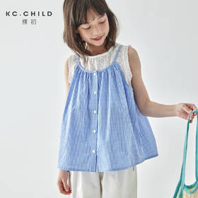棵初25年新款童装夏日小清新蓝白格纹小衫女童假两件吊带背心上衣