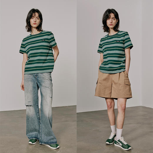 UMILAB【奇幻】高克重100%棉柔软挺括百搭宽松条纹春夏T恤女T717W 商品图1