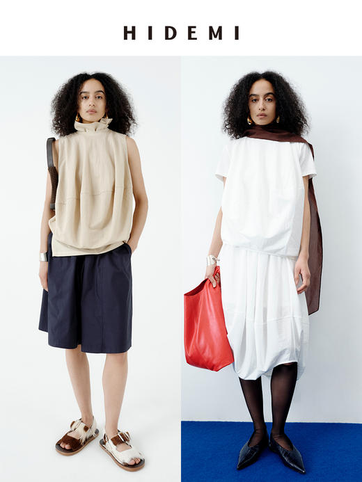 HIDEMI 【当当同款】极简立裁大廓形灯笼设计感手作拼接背心半裙套装 商品图0