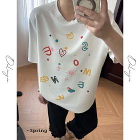 2025新品  佳佳同款【豆豆T】港风潮流印花上衣时尚休闲百搭宽松圆领韩版短袖