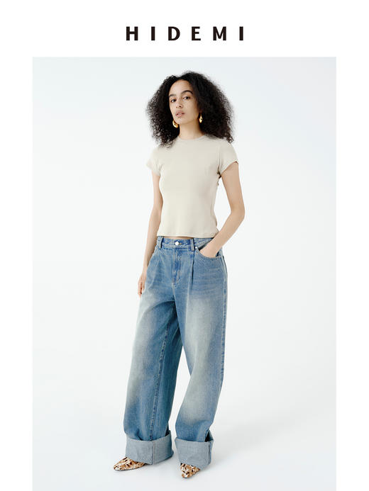 HIDEMI极简小圆领肩部拼接超显瘦基础款进口高弹收身款短款t恤 商品图5