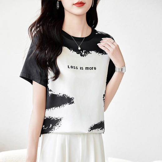 丁摩高级感个性印花真丝T恤女宽松圆领小众短袖桑蚕丝休闲上衣AL 商品图2