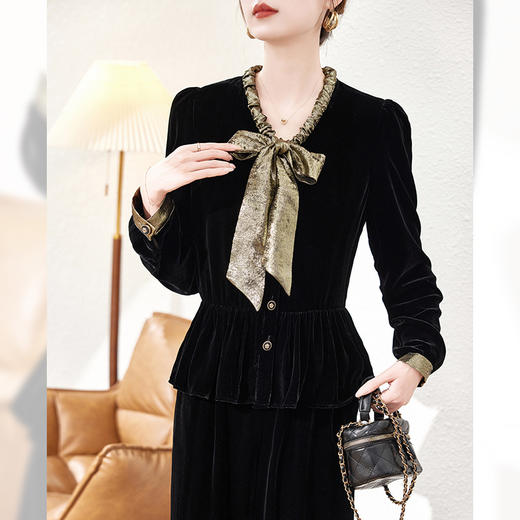 丁摩桑蚕丝丝绒长袖设计感新款真丝衬衫女飘带蝴蝶结洋气上衣ALAS0086 商品图0