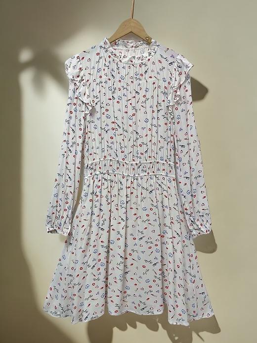 七夕福利-NO退-100%黏胶纤维花边领长袖印花中款连衣裙-喜出 商品图1