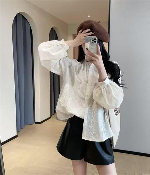 法式温柔刺绣小灯笼袖纯棉衬衫 商品图4
