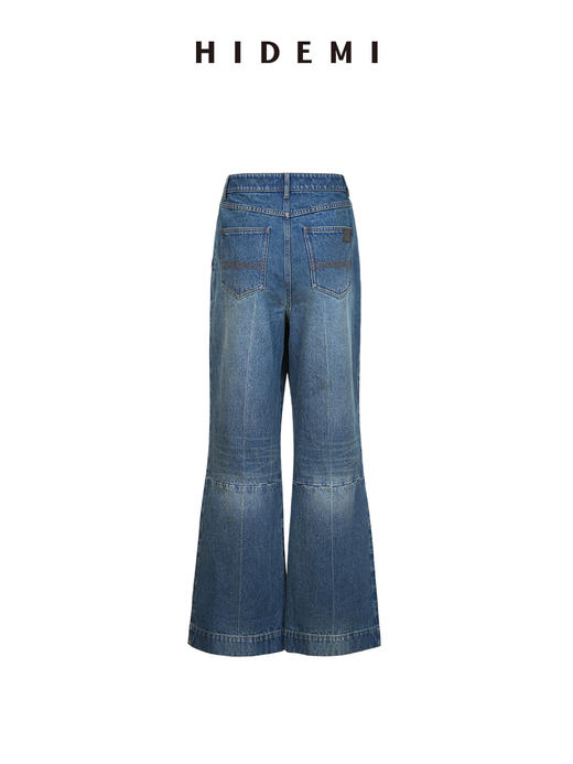 HIDEMI都市单宁系列多重水洗猫须拼接做旧感超显瘦喇叭九分裤牛仔裤 商品图11