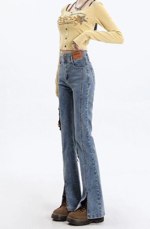 高弹前开叉牛仔微喇裤 商品图1