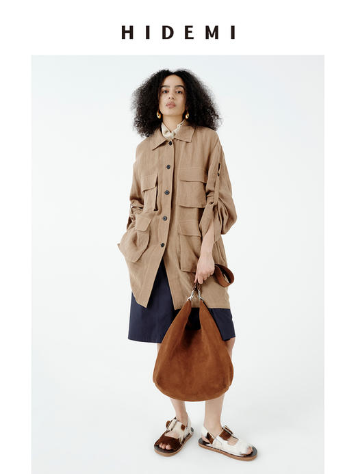 HIDEMI 水洗做旧感亚麻立体口袋猎装廓形薄外套阔腿裤两件套套装 商品图12