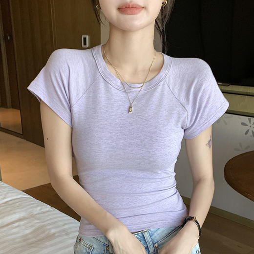 买1送1 夏季辣妹紫色设计感修身显瘦款上衣插肩袖圆领正肩短袖T恤女 商品图3