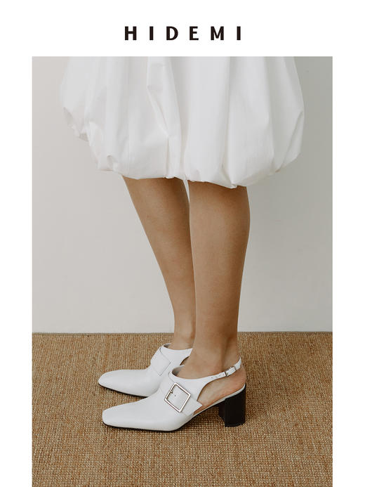 HIDEMI 【侯佩岑同款】进口牛皮金属扣搭襻设计感尖方头粗跟可调节扣高跟鞋单鞋 黑色/白色 商品图14