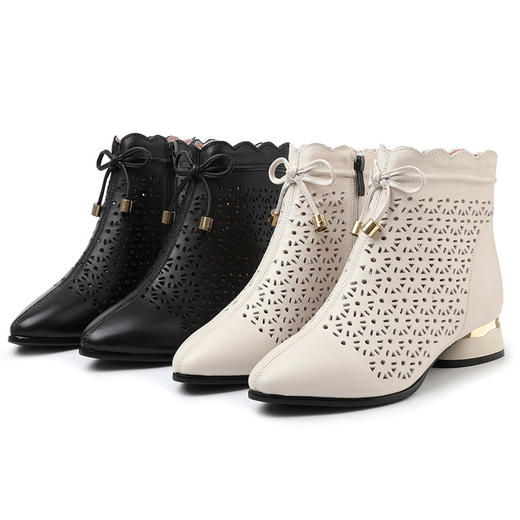 雀说真皮女靴复古镂空女鞋中粗跟妈妈鞋高帮打孔牛皮洞洞凉鞋AL3287 商品图4