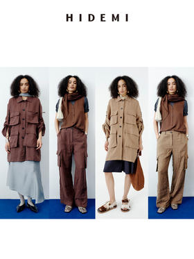 HIDEMI 水洗做旧感亚麻立体口袋猎装廓形薄外套阔腿裤两件套套装