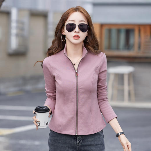 雀说新款立领拉链长袖t恤女装韩版棉质显瘦开衫AL6617 商品图0
