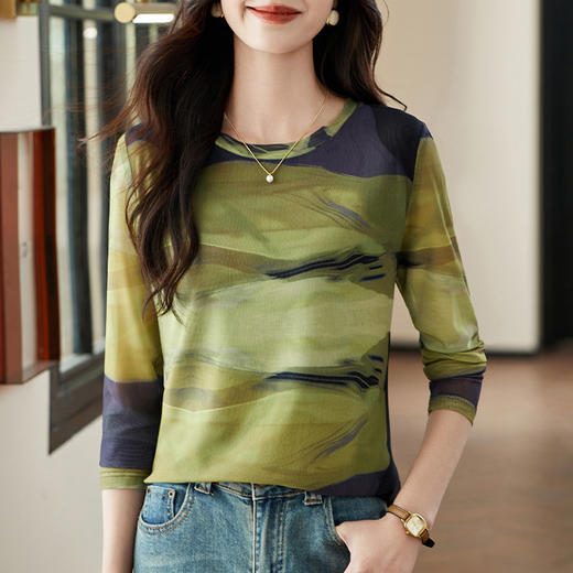 雀说时尚扎染长袖网纱T恤女士高级感百搭显瘦打底衫洋气上衣AL34267 商品图5