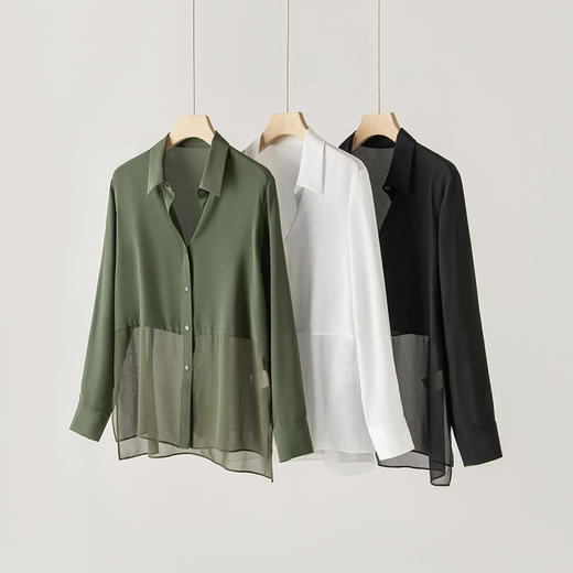 丁摩设计感长袖真丝衬衫女新品拼接防晒衬衣通勤桑蚕丝方领上衣AL1000606 商品图0