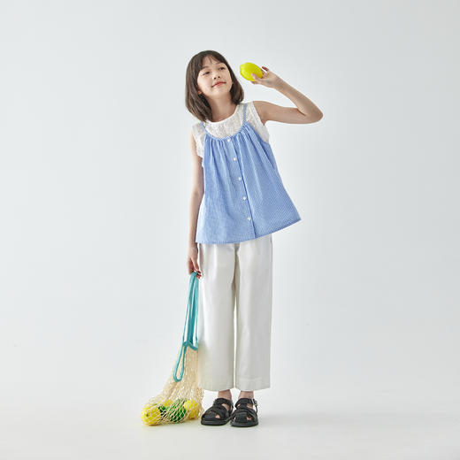 棵初25年新款童装夏日小清新蓝白格纹小衫女童假两件吊带背心上衣 商品图1