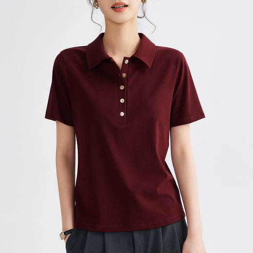 雀说新款轻氧感翻领休闲短袖T恤女 夏季显瘦正肩金扣polo小衫ALM678 商品图6