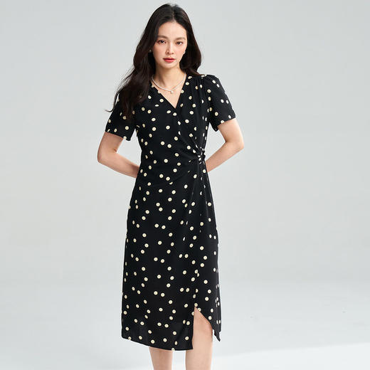 25夏新款红/袖同款泡泡袖黑色波点连衣收腰V领显瘦雪纺裙女18296 商品图2