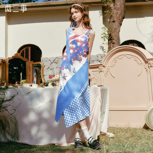 两三事漫漫花期2025春新款森女风镂空勾花拼布吊带裙不规则连衣裙 商品图0